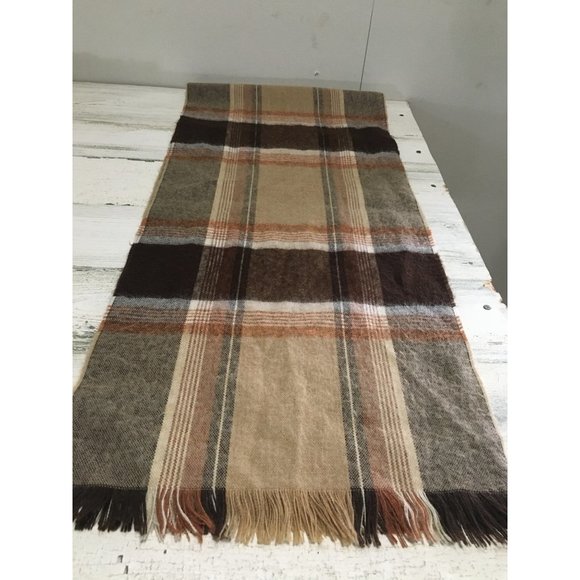 Brown tan cream plaid 11”x52” scarf with fringe - Picture 1 of 5